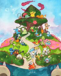  >_< :3 against_tree arms_behind_head black_eyes bright_pupils bubble bulbasaur charmander chespin chikorita chimchar closed_eyes commentary crying cyndaquil dynamax english_commentary fennekin fire flame-tipped_tail flying_teardrops froakie fuecoco gigantamax gigantamax_snorlax grookey highres holding holding_stick in_tree litten lying mofinngram no_humans open_mouth orange_eyes oshawott painting_(medium) path pikachu piplup plant pokemon pokemon_(creature) pokemon_focus popplio quaxly red_eyes rowlet scorbunny sharp_teeth signature sitting smile snivy snorlax sobble spines sprigatito squirtle standing standing_on_one_leg stick tail teeth tepig torchic totodile traditional_media tree treecko turtwig vines watercolor_(medium) white_pupils 