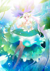  1girl bloom bud dress fairy fantasy floating flower highres lake lily_pad lotus lotus_leaf original pink_flower pond ripples submerged umina_neko underwater violet_eyes water_lily_flower 