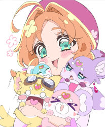  >_< 1girl 4others :d ahoge akechi_anna akechi_anna_(civilian) akizora_(aki_precure) commentary_request cuddling earrings fairy_(precure) flower goggles goggles_on_head green_eyes hair_intakes hat heart heart_in_mouth highres hug jett_(precure) jewelry mashu-tan meitantei_precure! multiple_others orange_hair panicking pink_hat pochi-tan precure shushu-tan smile squeezing white_background xd 