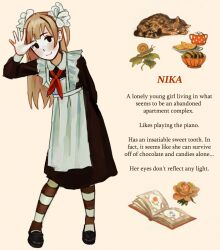  1girl apron arm_behind_back bandaid bandaid_on_finger bandaid_on_hand black_dress black_eyes blonde_hair book cat commentary_request dress english_text flesh_blood_&amp;_concrete flower full_body highres io_(onisarashi) maid_apron nika_(flesh_blood_&amp;_concrete) open_book pantyhose snail solo striped_clothes striped_pantyhose two_side_up 