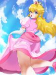  blonde_hair blue_eyes crown dress earrings gloves high_heels highres jewelry open_mouth pink_dress pink_lips princess_peach red_lips super_mario_bros. white_gloves 