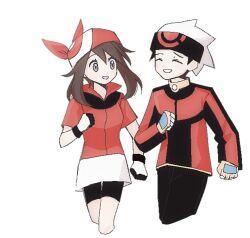  1boy 1girl absurdres bandana beanie bike_shorts brendan_(pokemon) brown_hair closed_eyes dynamic_pose fanny_pack gloves hat highres korean_commentary may_(pokemon) open_mouth pokemon pokemon_ruby/sapphire/emerald red_bandana red_shirt shirt simple_background smile thanks4play1ng white_background white_hat 