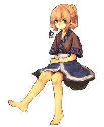  1girl absurdres artist_name barefoot blonde_hair blue_skirt braid brown_shirt closed_mouth collarbone commentary_request green_eyes half_up_half_down_braid highres jimuguri_(dzimuguri) mizuhashi_parsee pointy_ears shirt short_hair signature sitting skirt smile solo touhou 