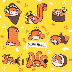  :< =_= absurdres angry animalization bainomoti chopsticks closed_eyes commentary english_text food foodification highres holding holding_harpoon holding_shield ishmael_(project_moon) limbus_company makizushi open_mouth project_moon shield simple_background soy_sauce_bottle sushi temakizushi tentacles twitter_username yellow_background 