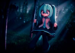  1girl 3d absurdres aqua_eyes aqua_necktie aqua_trim black_boots black_skirt black_sleeves blender_(medium) boots closed_mouth commentary detached_sleeves english_commentary expressionless grass hair_between_eyes hatsune_miku highres long_hair necktie night on_swing outdoors pleated_skirt shirt sitting skirt sonnick3d swing thigh_boots twintails vocaloid white_shirt 