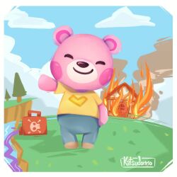  1boy animal_crossing arson artist_name bear_boy bill_wibbly blue_pants blue_sky border burning burning_building canister closed_eyes closed_mouth clouds commentary day english_commentary fire full_body furry grass heart heart_print highres house katsudonno male_focus meme pants poison print_shirt shirt short_sleeves skull_and_crossbones sky smile smoke solo spill standing t-shirt tree water waving white_border yellow_shirt 