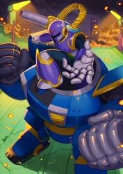  1boy absurdres android armor cannon clenched_hands copyright_request drawloverlala helmet highres lamppost male_focus mega_man_(series) mega_man_x_(series) outstretched_hand purple_armor ride_armor_(mega_man) robot shoulder_cannon solo vile_(mega_man) weapon 