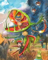  1boy :> :o bare_tree bidoof bird black_eyes black_hair breath_weapon breathing_fire bright_pupils budew carnivine closed_eyes closed_mouth clouds cloudy_sky commentary cropped embers english_commentary fangs fire flame-tipped_tail flying grass great_marsh hat highres hoothoot in_tree lucas_(pokemon) mofinngram monferno nostrils open_mouth outdoors painting_(medium) poke_ball pokemon pokemon_(creature) pokemon_diamond/pearl/platinum poketch psyduck red_hat red_scarf safari_ball saliva scarf short_hair short_sleeves sitting sky smile standing standing_on_one_leg starly tail teeth toxicroak traditional_media tree upper_teeth_only watch watch watercolor_(medium) white_pupils 
