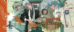  2boys 2girls ? absurdres artist_name black_coat black_shirt blue_eyes blue_hair bracelet calendar_(object) coat collared_shirt commentary_request cup dated fish glasses goldfish highres holding holding_cup holding_suitcase jewelry lapels long_hair multiple_boys multiple_girls multiple_views original ponytail profile radio shirt speech_bubble suitcase teacup train walking xiaoyia134 