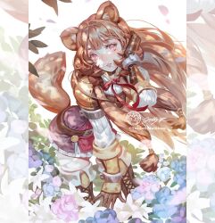  1girl animal_ears armor belt black_dress blue_flower blunt_bangs boots breastplate brown_armor brown_belt brown_boots brown_hair collared_dress commentary cowboy_shot dress english_commentary floating_hair flower gauntlets hand_up high_collar jet_kimchrea layered_dress leaning_forward leather leather_armor leather_boots long_hair long_sleeves looking_at_viewer merchandise_available metal_arm_cuffs metal_wrist_cuffs neck_ribbon parted_lips pauldrons pink_eyes pink_flower pinstripe_dress pinstripe_pattern purple_flower raccoon_ears raccoon_girl raccoon_tail raphtalia red_dress red_ribbon ribbon short_dress shoulder_armor single_pauldron sleeveless sleeveless_dress solo straight_hair tail tanuki tate_no_yuusha_no_nariagari thigh_boots two-tone_dress white_dress white_flower yellow_trim zettai_ryouiki 