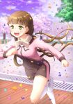  1girl bangs blunt_bangs blush breasts brown_hair cherry_blossoms clouds cloudy_sky commentary green_eyes highres jacket long_hair love_live! love_live!_superstar!! low_twintails medium_breasts petals purple_sky qy73 running sakurakouji_kinako shiny shiny_hair short_shorts shorts sky smile solo track_jacket tree twintails very_long_hair 