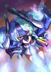  1girl absurdres achichi_mela aqua_hair black_hair black_horns black_mask blue_eyes blue_happi braid breath_weapon breathing_fire colored_sclera commentary_request eye_mask fire happi highres hitodama hololive horns japanese_clothes mask purple_hair solo tail twin_braids two_side_up vermin. virtual_youtuber yellow_sclera 