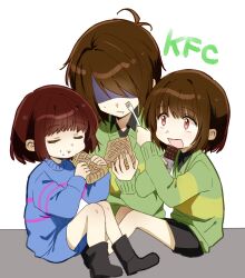  3others absurdres androgynous black_shorts blue_shorts blue_sweater boots brown_hair chara_(undertale) chocolate closed_eyes closed_mouth commentary_request deltarune eating emilio_(tetsukazu_no_ao) english_text food fork frisk_(undertale) green_sweater hair_between_eyes highres holding holding_chocolate holding_food holding_fork kris_(deltarune) long_sleeves looking_at_another medium_hair multiple_others open_mouth other_focus pie pie_slice red_eyes shaded_face short_hair shorts simple_background sitting smile striped_clothes striped_sweater sweater sweater_vest two-tone_sweater undertale utdr_(toby_fox) white_background 