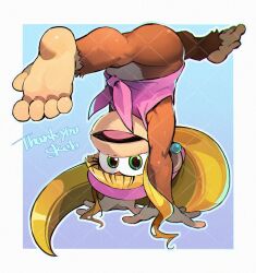  1girl ape beret blonde_hair commentary_request dixie_kong donkey_kong_(series) earrings green_eyes hat highres jewelry long_hair looking_at_viewer monkey monkey_girl mu_(mu_963) open_mouth pink_hat simple_background smile solo upside-down 