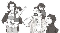  3boys ^_^ arm_hair beard carrying carrying_person child closed_eyes commentary english_commentary facial_hair family father_and_child father_and_son grandfather_and_grandson greyscale hand_on_own_hip jasmine_(min-min-minnie) monkey_d._dragon monkey_d._garp monkey_d._luffy monochrome multiple_boys multiple_views on_shoulder one_piece overalls parent_and_child sandals stitched_face stitches waving 
