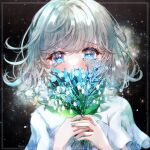  1girl antenna_hair bangs blue_eyes blue_flower crying crying_with_eyes_open flower forget-me-not_(flower) glint highres holding holding_flower light_particles looking_at_viewer messy_hair original own_hands_clasped own_hands_together pa_ff palms_together short_hair short_sleeves sobbing solo sparkle tears upper_body v-shaped_eyebrows wide_sleeves 