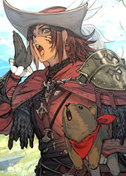  1boy absurdres animal armor baby_animal belt black_gloves bridge capelet clouds commentary_request day dog facepaint final_fantasy final_fantasy_xiv frilled_sleeves frills gloves grass hat hat_feather hide_(hideout) highres holding holding_animal howling leather_armor lips long_sleeves multiple_belts nose open_mouth outdoors pendant_earrings plume puppy red_capelet red_scarf scarf upper_body warrior_of_light_(ff14) wind yellow_eyes 