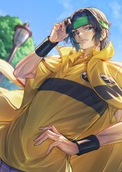  1boy armband black_armband blue_eyes blue_hair blue_sky blurry blurry_background collared_jacket collared_shirt commentary_request day dutch_angle ganbariiiyo green_headband grin hair_intakes hand_in_own_hair hand_on_own_hip hand_up headband highres jacket lamppost male_focus open_clothes open_jacket outdoors shirt short_hair sidelocks sky smile solo tennis_no_ouji-sama tree upper_body yellow_jacket yellow_shirt yukimura_seiichi 
