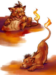  1boy aged_down earrings eating english_commentary feather_hair_ornament feathers fiery_tail final_fantasy final_fantasy_vii fire food hair_ornament highres jewelry licking_lips looking_at_viewer looking_to_the_side lunjetlyd meat orange_fur red_xiii smile tail tongue tongue_out 