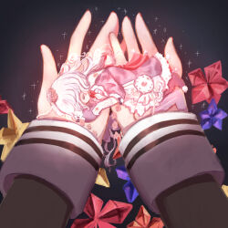  black_bow bow closed_eyes commentary_request cranberry_(mahoiku) dark_background dress forest_musician_cranberry_gaiden:_magical_girl_raising_project_unripe_duet frilled_dress frills gloves hat highres long_hair magical_girl mahou_shoujo_ikusei_keikaku miiya_octave multiple_girls nana_shichiam sleeping white_gloves white_hair 
