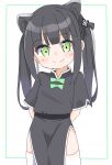  1girl animal_ear_fluff animal_ears arms_behind_back bangs black_bow black_dress blue_archive blush_stickers bow closed_mouth commentary_request dress green_bow green_eyes hair_bow highres kapuru_0410 long_hair pelvic_curtain short_sleeves shun_(blue_archive) shun_(small)_(blue_archive) smile solo thigh-highs twintails very_long_hair white_background 