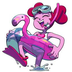  1girl :d ^_^ alternate_costume ball beachball closed_eyes closed_mouth colored_skin discount-supervillain eyelashes gem gem_(steven_universe) goggles goggles_on_head heart heart-shaped_hair holding inflatable_flamingo innertube no_ears one-piece_swimsuit open_mouth pink_skin smile snorkel spinel_(original_form)_(steven_universe) spinel_(steven_universe) standing standing_on_one_leg steven_universe steven_universe:_the_movie swim_ring swimsuit toon_(style) water 