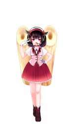  1girl :d absurdres blunt_bangs boots brown_boots brown_hair buttons edomura_niniko frilled_skirt frills full_body gloves hand_on_own_hip hand_up headgear headphones heart_button highres jitome kiritanpo_(food) looking_at_viewer medium_hair official_art open_mouth pink_vest pleated_skirt red_eyes red_skirt second-party_source shirt short_hair short_sleeves simple_background skirt smile solo standing touhoku_kiritan transparent_background twintails vest voiceroid white_gloves white_shirt 