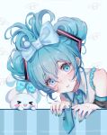  1girl :3 alternate_hairstyle aqua_eyes aqua_hair aqua_necktie bangs bare_shoulders blue_bow blue_eyes blush bow cinnamiku cinnamoroll collared_shirt detached_sleeves double_bun hair_between_eyes hair_bow hair_bun hair_ornament hatsune_miku highres looking_at_viewer mihan77108047 necktie parted_lips shirt sleeveless tied_ears updo vocaloid 