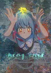  1girl abstract_background absurdres arms_up artist_name black_dress blue_hair blush bright_pupils commentary_request copyright_name dated demons_roots_(series) dress flat_chest floating_hair floating_headgear flower flower_on_head glowing_flower hair_flower hair_ornament hair_ribbon hairband headgear highres king_exit koi_hh long_hair looking_at_viewer magic_trick pink_ribbon red_eyes ribbon short_eyebrows sidelocks smile solo standing stiara_(king_exit) white_dress white_pupils 