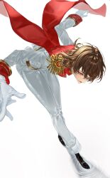  1boy adumi231 akechi_goro black_shoes bowing brown_hair cape coat commentary crow_(persona_5) epaulettes gloves hair_between_eyes highres jacket long_sleeves male_focus pants persona persona_5 red_cape red_eyes ripples shirt shoes simple_background sleeve_cuffs smile solo white_background white_gloves white_jacket white_pants white_shirt 