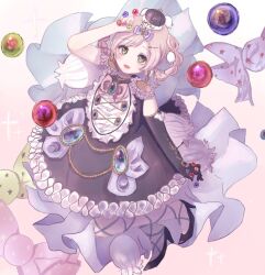  1girl blonde_hair blue_bow blue_gem bluebell_candy blush bow candy commentary_request dress elbow_gloves food frilled_dress frills gem gloves green_eyes hair_ornament hat high_heels highres looking_at_viewer magical_girl mahou_shoujo_ikusei_keikaku mahou_shoujo_ikusei_keikaku_aces nana_shichiam open_mouth short_hair single_elbow_glove smile 