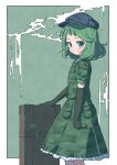  1girl :/ absurdres box camouflage dress elbow_gloves feet_out_of_frame gloves green_dress green_hair grey_background hat highres looking_at_viewer nama_udon simple_background solo touhou yamashiro_takane 