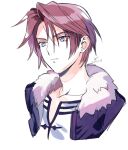  1boy bangs black_jacket blue_eyes brown_hair dated earrings final_fantasy final_fantasy_viii fur_trim jacket jewelry looking_to_the_side male_focus medu_(rubish) parted_bangs portrait scar scar_on_face shirt short_hair single_earring solo squall_leonhart white_background white_shirt 