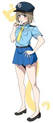  1girl absurdres belt belt_buckle black_belt black_shoes blowing_whistle blue_hat blue_shirt blue_skirt blunt_bangs blush bob_cut brown_hair buckle collared_shirt full_body hand_on_own_hip hand_up hat high_heels highres holding holding_whistle inverted_bob looking_at_viewer love_live! love_live!_nijigasaki_high_school_idol_club miniskirt nakasu_kasumi necktie pleated_skirt police police_hat police_uniform policewoman pumps red_eyes shirt shoes short_hair short_sleeves simple_background skirt solo standing uchuu_no_mozuku v-shaped_eyebrows whistle whistle_around_neck white_background yellow_necktie 