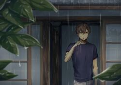  1boy architecture beard_stubble blue_shirt brown_hair brushing_teeth commentary_request cowboy_shot doorway east_asian_architecture facial_hair highres holding holding_toothbrush looking_at_viewer male_focus original outdoors rain red_eyes shiohara_shinogi shirt short_hair solo standing stubble toothbrush 