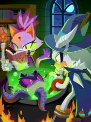  1girl 2boys absurdres alternate_costume animal_ears artist_name bat_(animal) blaze_the_cat blue_cape blue_hat book bookshelf candle candlestand cape cat_ears cat_girl cat_tail cauldron colored_sclera commentary english_commentary eyelashes forehead_jewel full_moon furry furry_female furry_male gloves green_eyes green_liquid grey_fur hat hedgehog_boy highres holding holding_book holding_candlestand indoors mephiles_the_dark miijiu moon multiple_boys night open_book orange_eyes purple_cape purple_fur purple_sclera silver_the_hedgehog sonic_(series) sonic_the_hedgehog_(2006) tail tentacles twitter_username white_gloves 