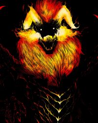  absurdres breath_weapon breathing_fire claws fangs fire glowing glowing_eyes glowing_horns highres horns looking_at_viewer mane monochrome monster monster_hunter_(series) monster_hunter_wilds sharp_teeth solo teeth teostra theshah21 upper_body wings 