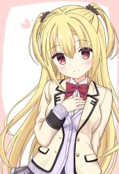  1girl arihara_nanami black_scrunchie blonde_hair blush breasts buttons cardigan cardigan_under_jacket closed_mouth collared_shirt commentary_request cowboy_shot eyes_visible_through_hair grey_skirt hair_between_eyes hair_ornament hair_scrunchie hand_on_own_chest hand_up heart highres jacket kikka_academy_school_uniform kumaron large_breasts long_hair long_sleeves milestone_celebration open_clothes open_jacket plaid_clothes plaid_skirt purple_cardigan red_eyes riddle_joker school_uniform scrunchie shirt sidelocks simple_background skirt sleeves_past_wrists smile solo split_mouth two_side_up very_long_hair weapon white_background yellow_jacket 