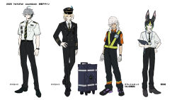  4boys alhaitham_(genshin_impact) animal_ears aqua_eyes black_hair black_hat black_jacket black_necktie black_pants black_shoes blonde_hair commentary_request cyno_(genshin_impact) eyewear_hang fox_ears genshin_impact gloves green_hair grey_hair hat headset helmet highres hinatsu hoyofair id_card jacket kaveh_(genshin_impact) male_focus mehrak_(genshin_impact) multicolored_hair multiple_boys necktie orange_shirt pants red_eyes shirt shoes short_hair streaked_hair tighnari_(genshin_impact) unworn_eyewear watch watch white_gloves white_hat white_helmet white_shirt 