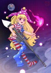  1girl 4th_lol absurdres american_flag american_flag_legwear american_flag_print american_flag_shirt artist_name blonde_hair clownpiece commentary earth_(planet) fairy_wings fire flag_print full_body gun hat highres holding holding_gun holding_torch holding_weapon jester_cap light_blush long_hair looking_at_viewer neck_ruff open_mouth planet polka_dot polka_dot_headwear print_shirt purple_fire purple_hat red_eyes scope shirt short_sleeves sidelocks smile solo star_(symbol) star_print striped_clothes teeth torch touhou trigger_discipline upper_teeth_only variant_set_available very_long_hair weapon weapon_request wings 