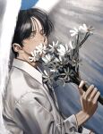  1boy absurdres black_hair collared_shirt flower from_side grey_eyes highres holding holding_flower long_sleeves looking_away male_focus nidone_0927 original shirt short_hair sideways_glance solo upper_body white_wings wings 