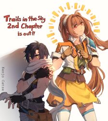  1boy 1girl absurdres ahoge arm_tattoo arm_wrap artist_name belt belt_pouch black_gloves black_shirt brown_belt brown_gloves commentary copyright_name covered_mouth cropped_jacket curtained_hair eiyuu_densetsu english_commentary english_text estelle_bright fingerless_gloves floating_hair floating_scarf glaring gloves grey_belt hair_between_eyes hair_intakes harmonica head_tilt highres holding holding_instrument instrument jacket joshua_bright kenjocatze leather leather_belt leather_gloves long_hair looking_at_viewer menacing open_clothes open_jacket orange_skirt parted_bangs pelvic_curtain pouch red_eyes scarf shirt short_hair short_sleeves shoulder_tattoo simple_background skirt sleeveless sleeveless_shirt sora_no_kiseki sora_no_kiseki_sc tattoo thigh-highs twintails underbust upper_body very_long_hair white_background white_scarf white_thighhighs yellow_eyes 
