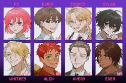  1girl 6+boys :d adam's_apple ahoge alex_(degrees_of_lewdity) alex_(male)_(degrees_of_lewdity) avery_(degrees_of_lewdity) avery_(male)_(degrees_of_lewdity) bags_under_eyes bandaid bandaid_on_hand beard_stubble black_hair blonde_hair blue_eyes blush border brown_eyes brown_hair character_name collared_shirt commentary_request dark-skinned_male dark_skin degrees_of_lewdity double-parted_bangs ear_piercing eden_(degrees_of_lewdity) eden_(male)_(degrees_of_lewdity) eyebrow_piercing eyes_visible_through_hair face_piercing facial_hair fang forehead freckles green_eyes hair_between_eyes hair_over_one_eye hair_slicked_back highres holding holding_pen kylar_(degrees_of_lewdity) kylar_(male)_(degrees_of_lewdity) looking_at_viewer low_ponytail male_focus mars_symbol mature_male miying_(ho_ru03_15) mole mole_under_eye multiple_boys nostrils pen piercing pink_hair plaid_clothes plaid_shirt player_character_(degrees_of_lewdity) player_character_(female)_(degrees_of_lewdity) ponytail portrait purple_border red_hair robin_(degrees_of_lewdity) robin_(male)_(degrees_of_lewdity) scar scar_on_cheek scar_on_face shaded_face shirt short_hair short_sideburns side_part sideburns simple_background single_hair_intake smile stubble sydney_(degrees_of_lewdity) sydney_(male)_(degrees_of_lewdity) tan tareme torn_clothes venus_symbol very_short_hair violet_eyes white_background white_shirt whitney_(degrees_of_lewdity) whitney_(male)_(degrees_of_lewdity) wrinkled_skin yellow_eyes 