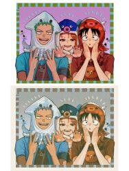  1girl 2boys alternate_costume animal_hat bandana_around_arm black_eyes black_hair blue_shirt brown_eyes claw_pose commentary double_v green_hair hands_on_own_cheeks hands_on_own_face hat highres looking_at_viewer monkey_d._luffy multiple_boys nami_(one_piece) octopus_hat one_piece open_hands open_mouth orange_hair print_shirt pv5_sc red_shirt roronoa_zoro scar scar_on_cheek scar_on_face shirt short_hair short_sleeves straw_hat_pirates untranslatable_commentary upper_body v yellow_shirt 