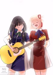  2girls acoustic_guitar black_hair blonde_hair blue_ribbon closed_eyes closed_mouth commentary dress grey_dress guitar guitar_strap highres holding holding_plectrum inoue_takina instrument long_hair lycoris_recoil lycoris_uniform mi_2ndlyco multiple_girls neck_ribbon nishikigi_chisato one_side_up open_mouth playing_guitar playing_instrument plectrum purple_dress red_dress red_ribbon ribbon sayuri_(singer) short_hair simple_background teeth two-tone_dress untranslatable_commentary upper_teeth_only white_background 
