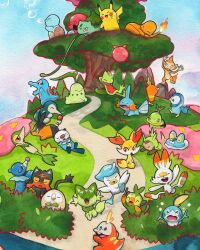  >_< :3 against_tree arms_behind_head black_eyes bright_pupils bubble bulbasaur charmander chespin chikorita chimchar closed_eyes commentary cropped crying cyndaquil dynamax english_commentary fennekin fire flame-tipped_tail flying_teardrops froakie fuecoco gigantamax gigantamax_snorlax grookey highres holding holding_stick in_tree litten lying mofinngram mudkip no_humans one_eye_closed open_mouth oshawott painting_(medium) path pikachu piplup plant pokemon pokemon_(creature) pokemon_focus popplio quaxly red_eyes rowlet scorbunny sharp_teeth smile snivy snorlax sobble spines sprigatito squirtle standing standing_on_one_leg stick tail teeth tepig torchic totodile traditional_media tree treecko turtwig vines watercolor_(medium) white_pupils 