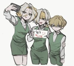  1boy 2girls :p absurdres alternate_costume arm_up arms_at_sides asymmetrical_bangs blonde_hair cellphone closed_mouth crossed_bangs curtained_hair empty_eyes english_text green_pants green_shirt green_skirt green_vest grey_eyes hair_between_eyes hair_over_one_eye hand_on_another's_arm highres holding holding_phone kromer's_sister_(project_moon) kromer_(project_moon) limbus_company long_sleeves looking_at_object low_ponytail midd1echi multicolored_hair multiple_girls open_mouth pants pencil_skirt phone ponytail project_moon selfie shaded_face shirt short_hair short_ponytail siblings sinclair_(project_moon) sisters skirt smartphone streaked_hair tongue tongue_out tsurime undershirt v-neck vest white_background white_hair white_shirt white_sleeves yellow_eyes 