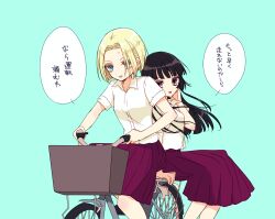  2girls adelheid_muller ai_tanaka aqua_background bicycle black_eyes black_hair blonde_hair blue_eyes commentary_request engawa_(osstbti) highres hime_cut long_hair mahou_shoujo_ikusei_keikaku mahou_shoujo_ikusei_keikaku_black multiple_girls on_bicycle pleated_skirt purple_skirt riding riding_bicycle short_hair sitting skirt speech_bubble translation_request 