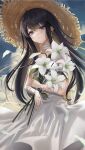  1girl bandages bangs black_hair blue_eyes blue_sky blunt_bangs clouds cowboy_shot dress eyebrows_hidden_by_hair flower hat highres long_hair original outdoors parted_lips petals sky solo straw_hat white_dress white_flower yamikyon 