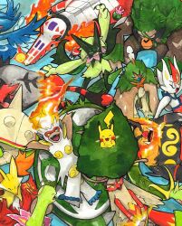  :3 aqua_eyes arms_behind_head black_sclera blaziken blue_eyes bright_pupils chesnaught cinderace claws closed_eyes closed_mouth colored_sclera commentary cropped decidueye delphox dot_nose emboar english_commentary fangs fire fire_bird_(skeledirge) from_above highres incineroar infernape lying meganium meowscarada mofinngram nostrils on_back open_mouth orange_eyes painting_(medium) pikachu pokemon pokemon_(creature) pokemon_focus quaquaval red_eyes rillaboom serperior skeledirge sleeping smile spikes torterra traditional_media watercolor_(medium) white_pupils yellow_eyes yellow_sclera 